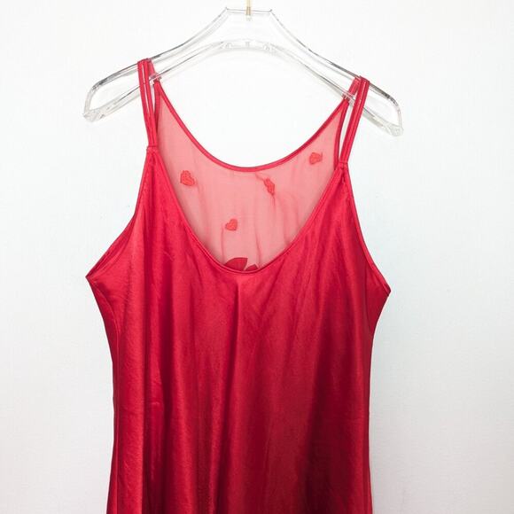 Vintage 90's Red Embroidered Heart Pattern Semi Sheer Slip Dress Nightie Bow M - Picture 10 of 10